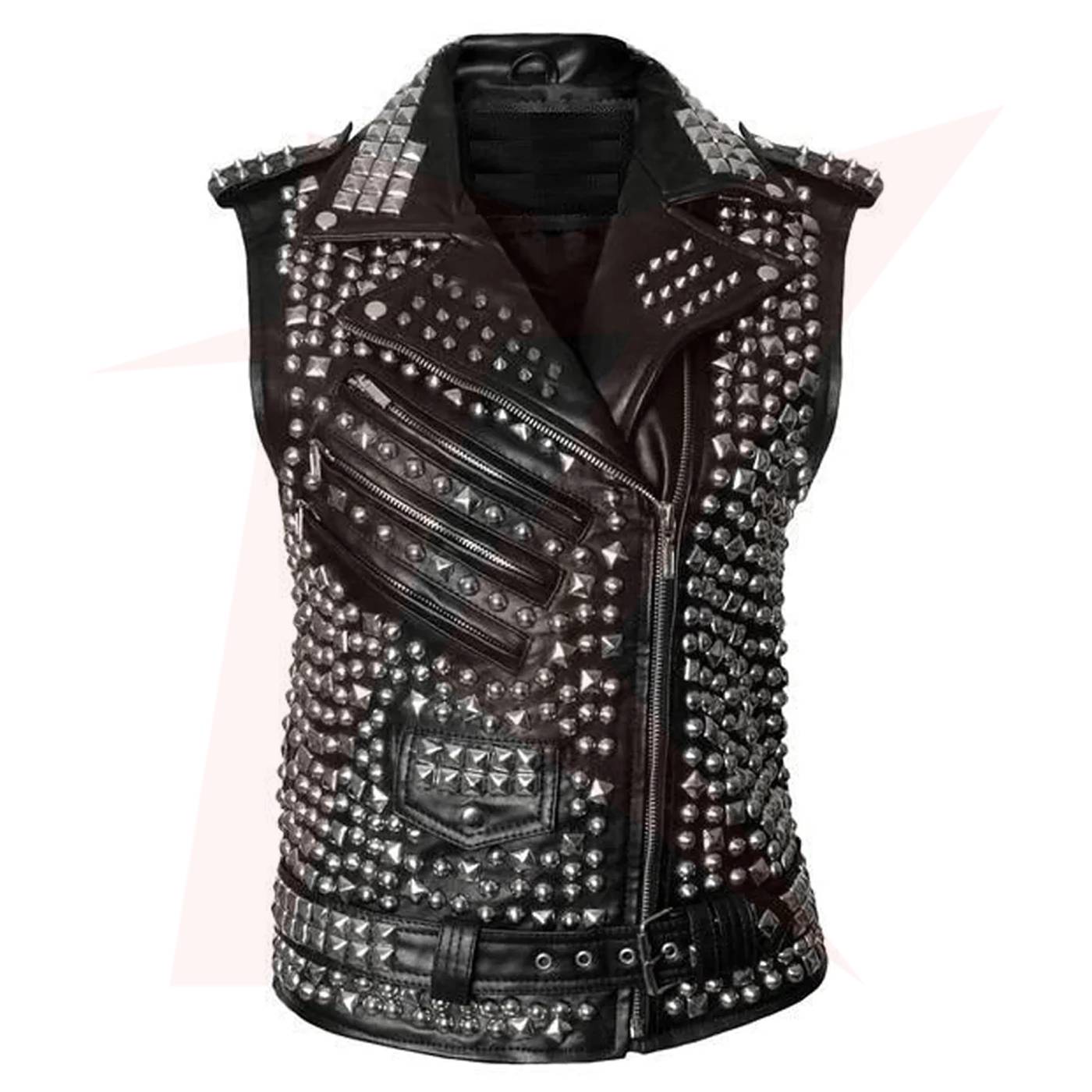 01-Leather-Vest-Front_2_11zon Reborn Leather Men's Studded Leather VEST Silver Studs Biker Zipper Pocket - Image 1