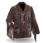 Reborn Men's Traditional Native Brown Cowboy Western Suede Leather Jacket Fringe Bone & Beads Work