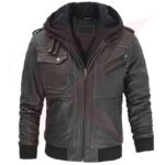 Reborn Leather Men’s Leather Bomber Jacket with Removable Hood