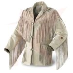 Reborn Men's Traditional Native Cowboy Western Suede Leather Jacket Fringe Bone & Beads Work