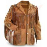 Reborn Leather Men Brown Suede Western Cowboy Leather Jacket With Fringe