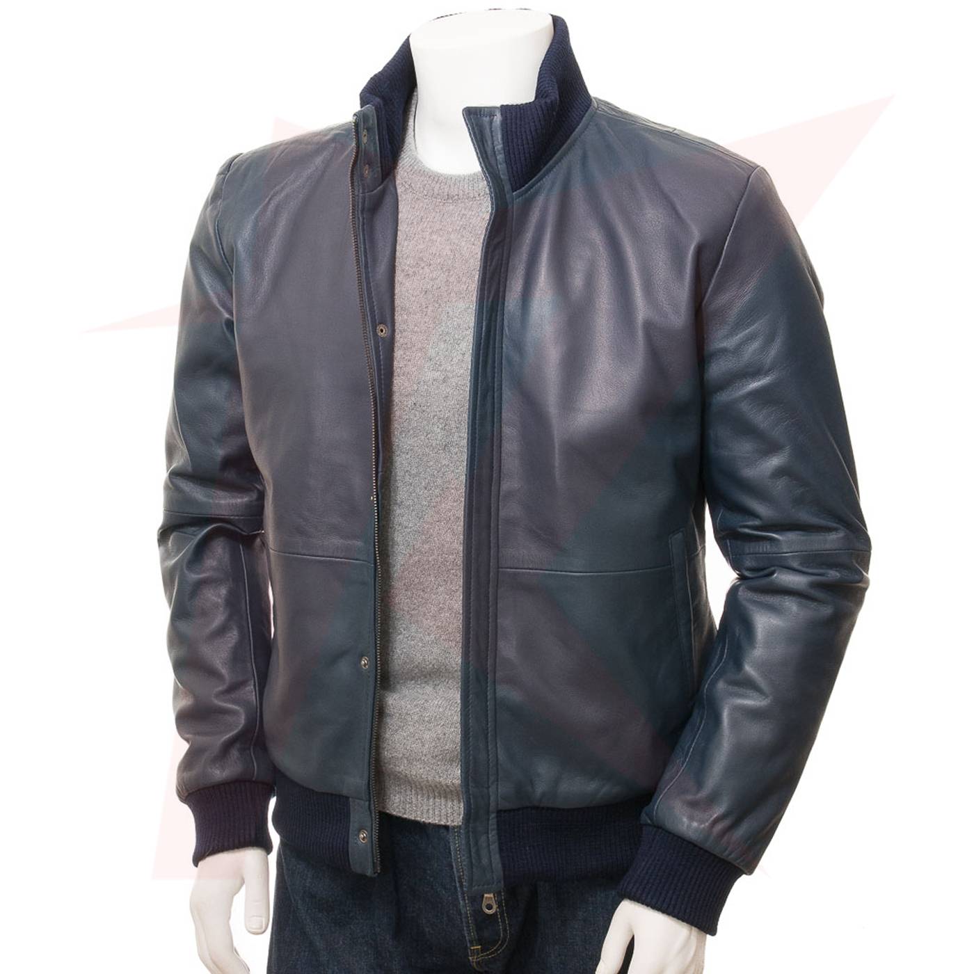 08-Bomber-Jacket-Front-_9_11zon REBORN MEN'S BLUE LEATHER BOMBER JACKET-CHERITON - Image 1