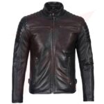 Reborn Leather Men’s Quilted Black Cafe Racer Leather Jacket with Shoulder Pads