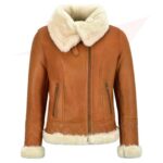Reborn Women's Tan Brown Bomber Real Sheepskin Leather Jacket